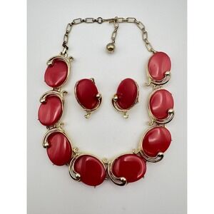 Vintage Thermoset Necklace and Earring Red Gold Tone Scroll Set 16"